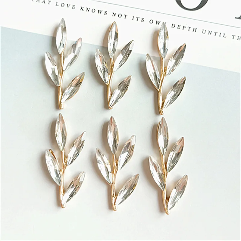 10 PCS 38x16mm Metal Alloy KC Gold Color Crystal Rhinestone Leaf Branch DIY Handmade Accessories For Jewelry Making