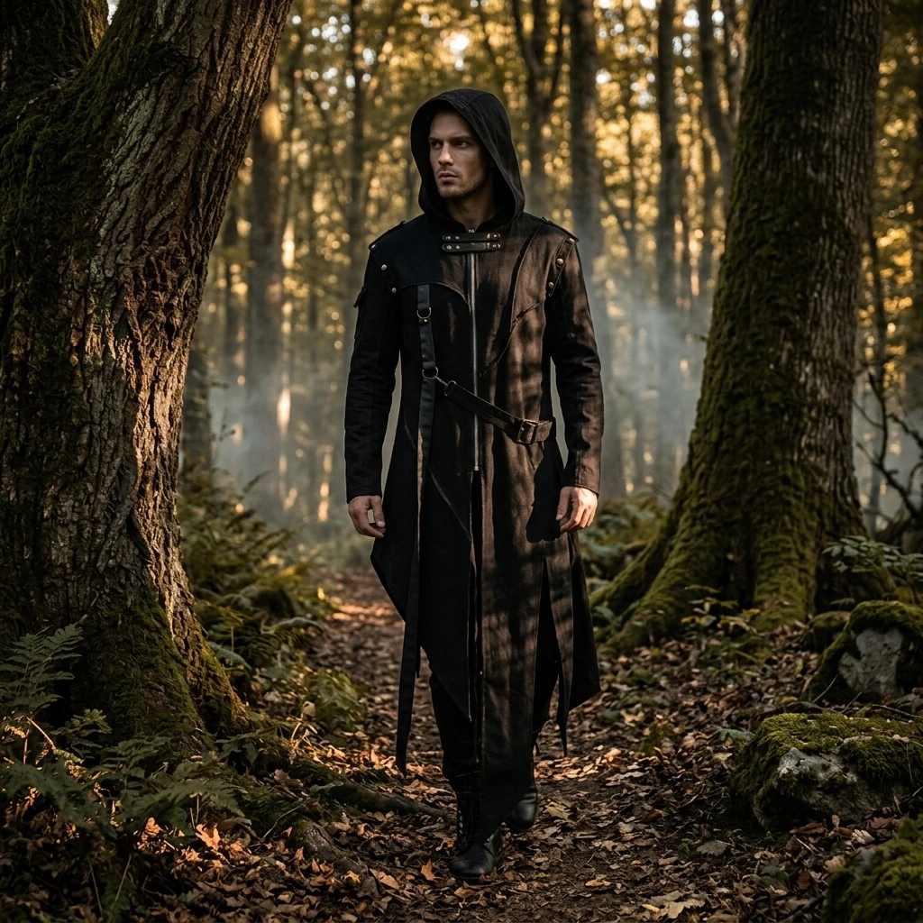 Halloween Costume Adult Men Punk Gothic Hooded Jacket Black  Asymmetrical Drape Long Coat Apocalyptic Masquerade Party Outfit view 5