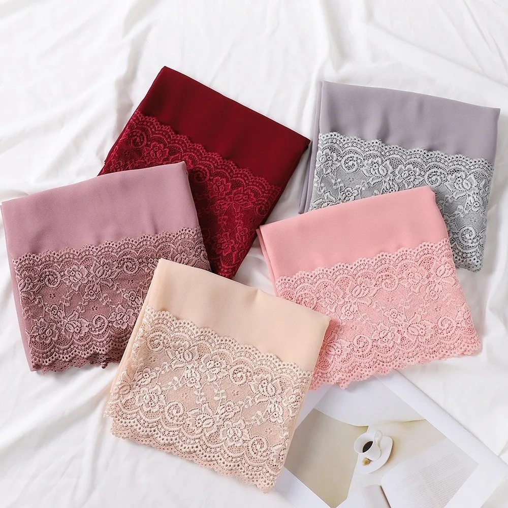 

Versatile Elegant Silk Scarf Solid Color Soft Chiffon Hijab Veil Breathable Lace Edge Ramadan Headscarf Women Headwear