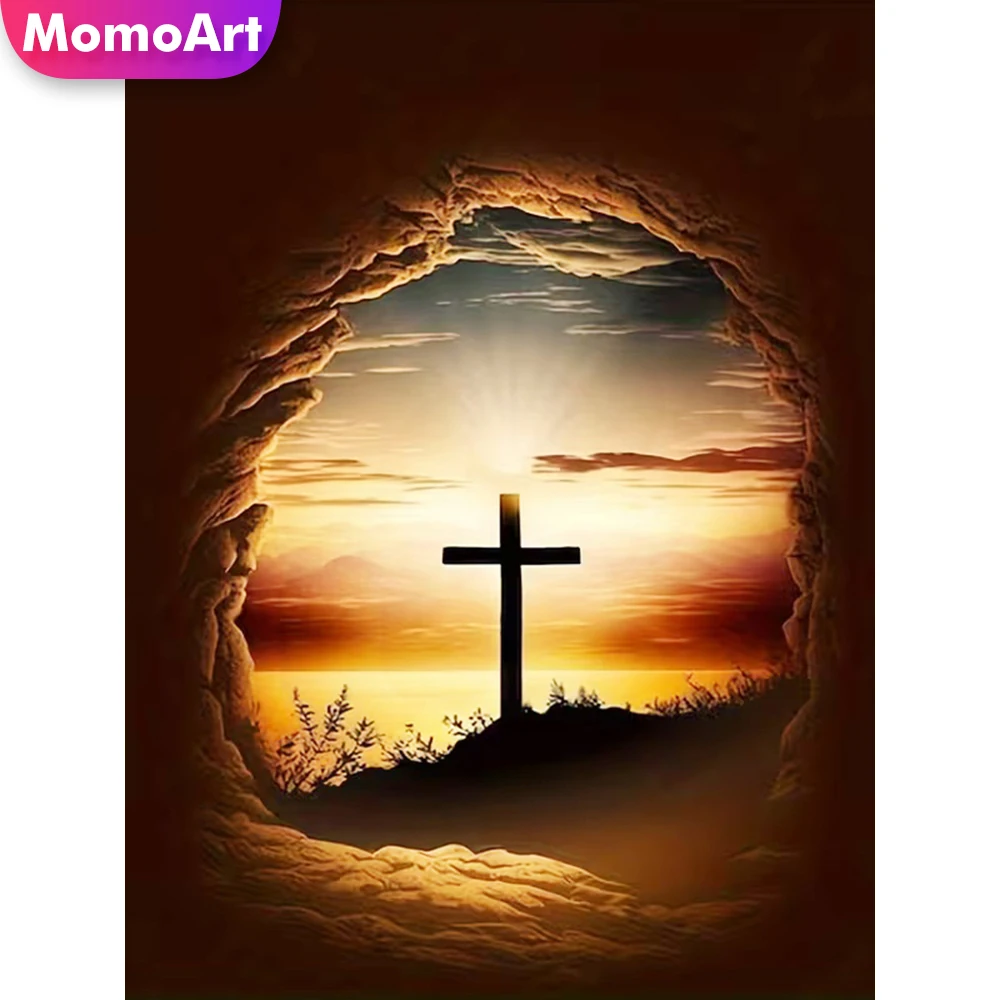 Momoart Diamantmalerei Religiöses Kreuz Strass-Stickerei Sonnenuntergang Acryl-Bastelbedarf Mosaik Wohnzimmer-Kunsthandwerk