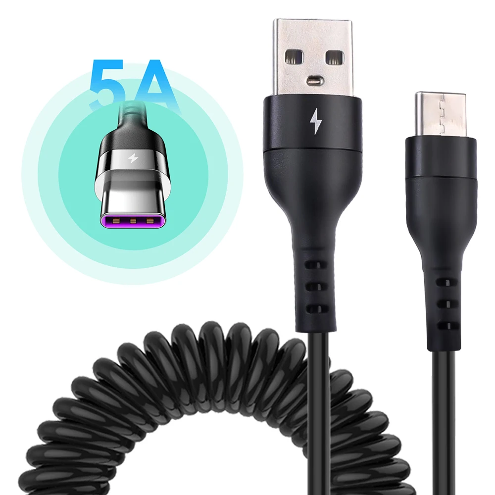 5A Fast Charging Type C Cable Spring Telescopic Car Charger USB Cable for Samsung Xiaomi Redmi POCO Honor USB C Cable Cord