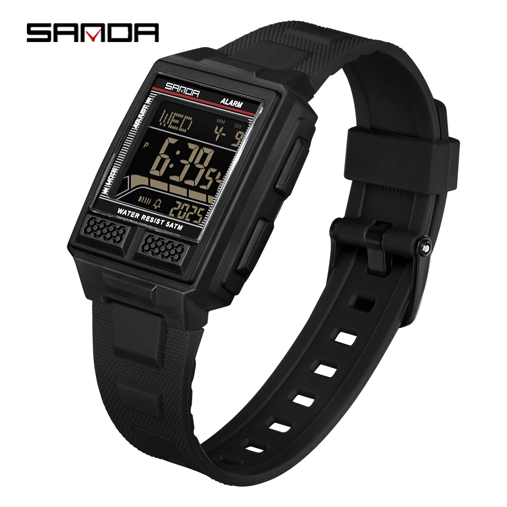 

Мужские электронные часы Sanda 2026: модные, водонепроницаемые (5ATM), с ночным светом, таймером обратного отсчета, секундомером, будильником, 3D стереоскопическим циферблатом -3