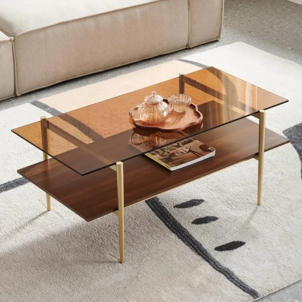 

Glass Coffee Table, Double Layer Coffee Table for Living Space, Gold Finish Frmae, Coffee Brown Glass Top & Walnut Brown