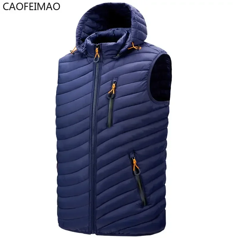2025 Men Sleeveless Down Vests Solid Hooded Vest Jackets Hot Fashion Male Winter Casual Pockets Waistcoat Windproof Jacket