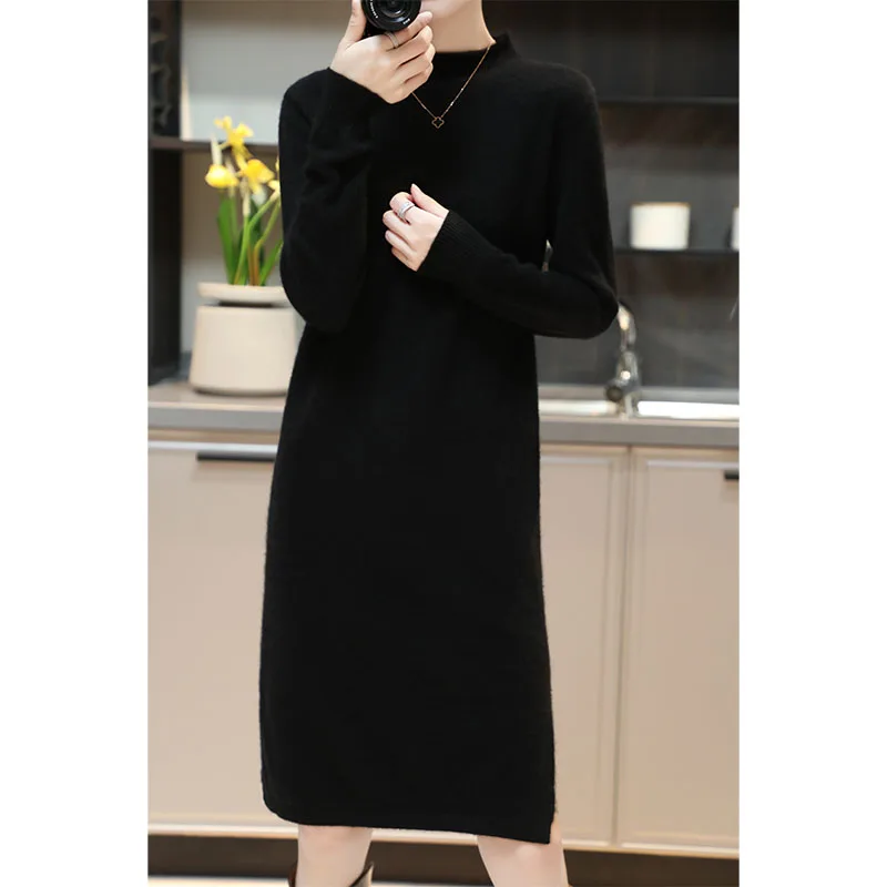 Tailor Sheep 100% Merino Wool Knitted Sweater Dress for Women Winter/Autumn O-Neck Female Dresses Long Style Jumper Girl Clothes