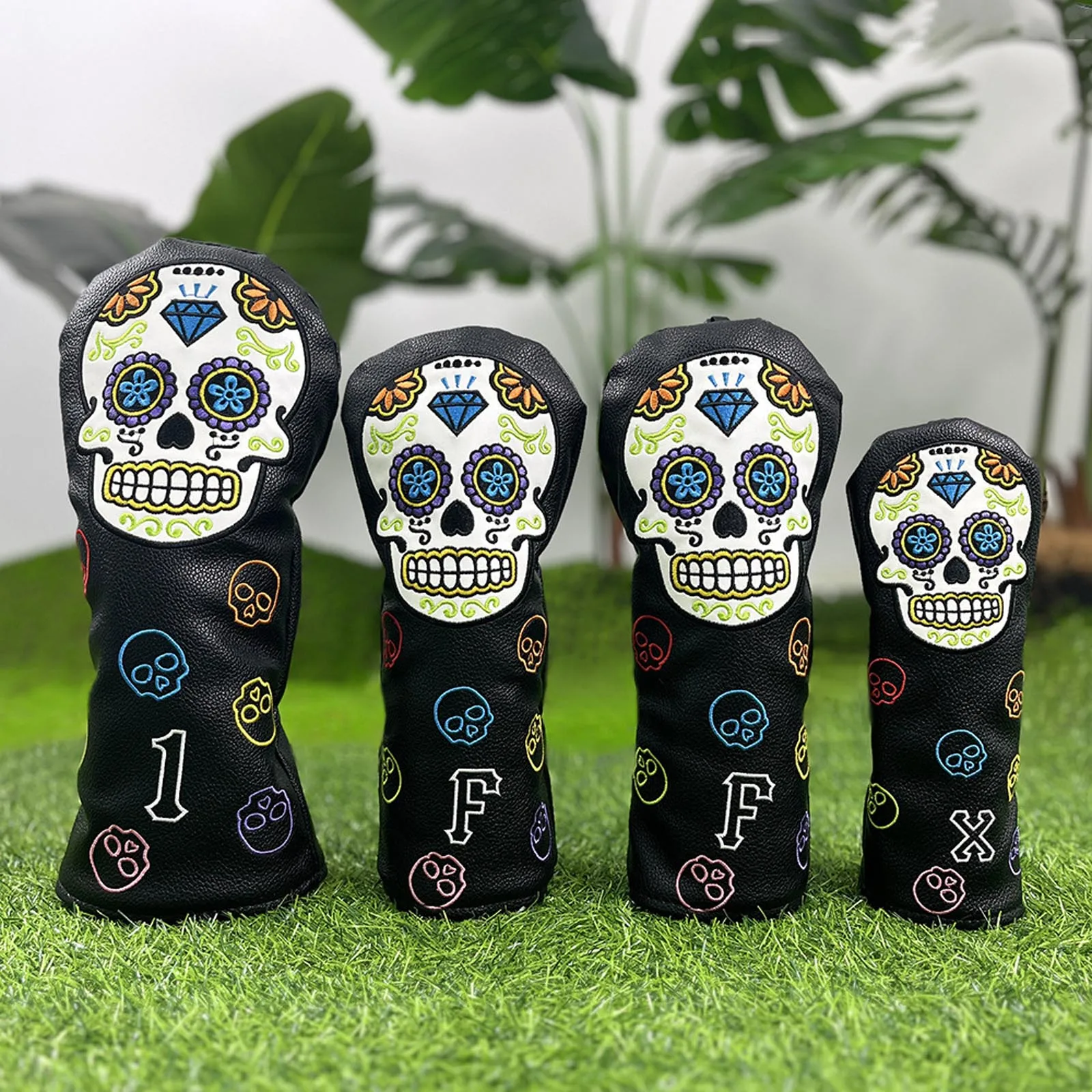 Skull Embroidery Golf Headcover Elastic Bands Water Resistant PU Leather Club Head Cover  Drivers Fairway UT