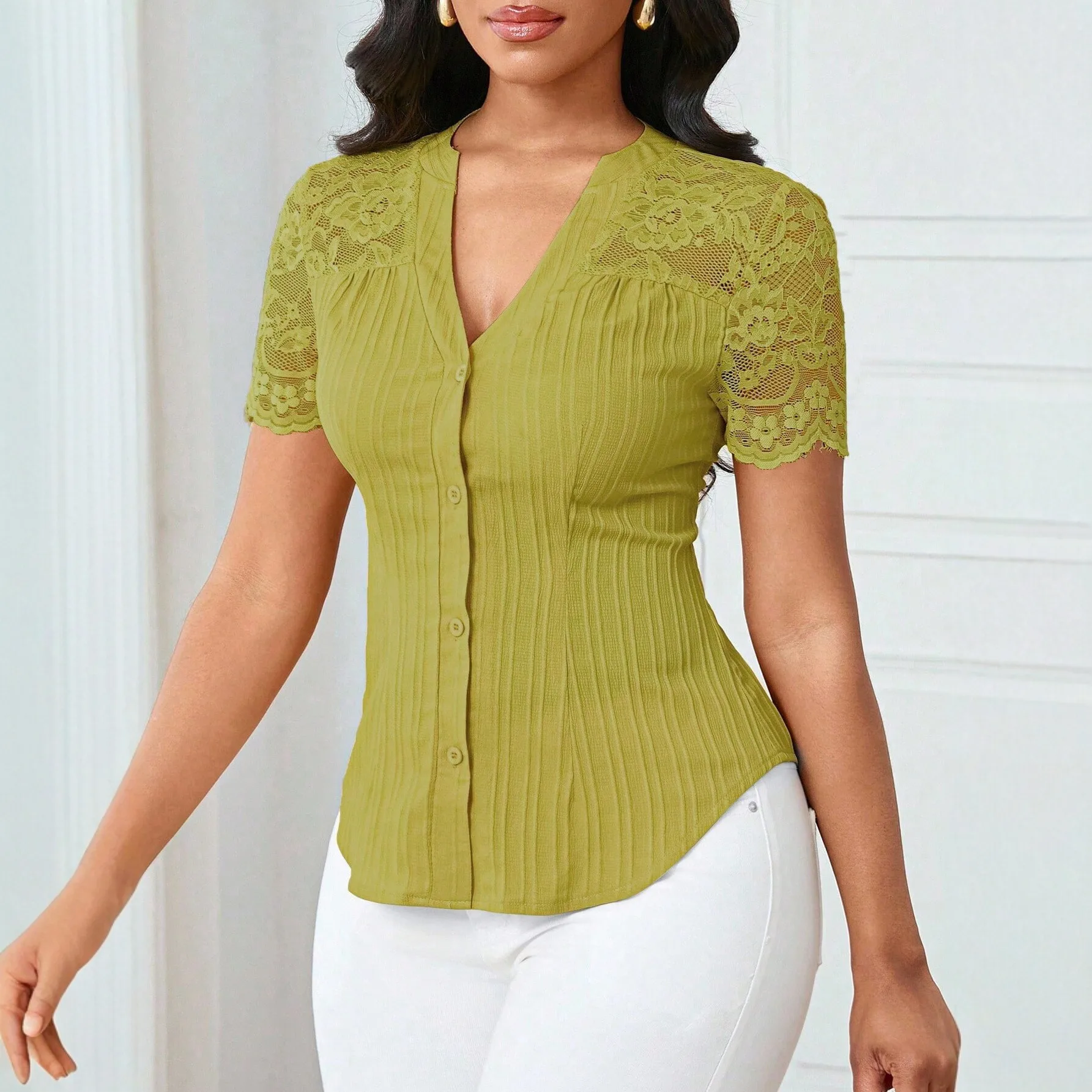 

Spring Women's Clothing Slim Fit V Neck Lace Trim Short Sleeve Shirt For Woman Elegant Casual Blouse Polyester Ribbed Button Up