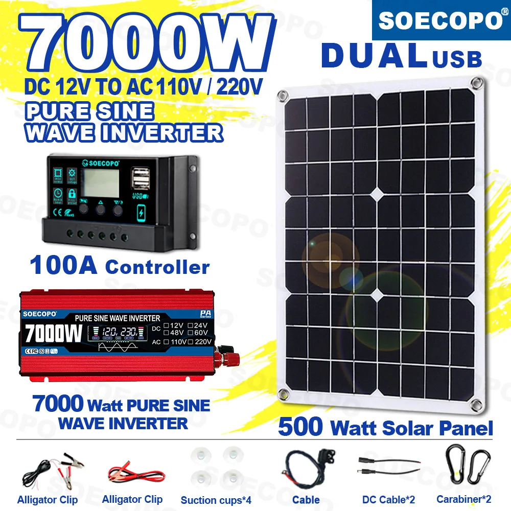 

SOECOPO 7000W Portable Solar System Kit: Pure Sine Wave Inverter 12V To 110V/220V 500W Panel 100A Controller for Camping Home