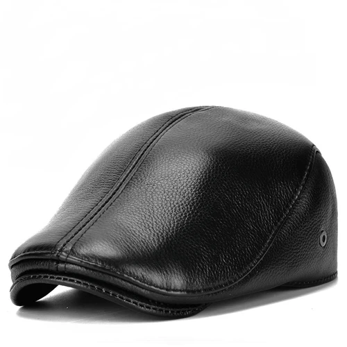 Imagen 2 del producto Gorro de cuero para actividades al aire libre para hombre, boinas de invierno, gorro cálido con protección para los oídos, 100% de cuero genuino, sombrero para papá, venta al por mayor, ocio