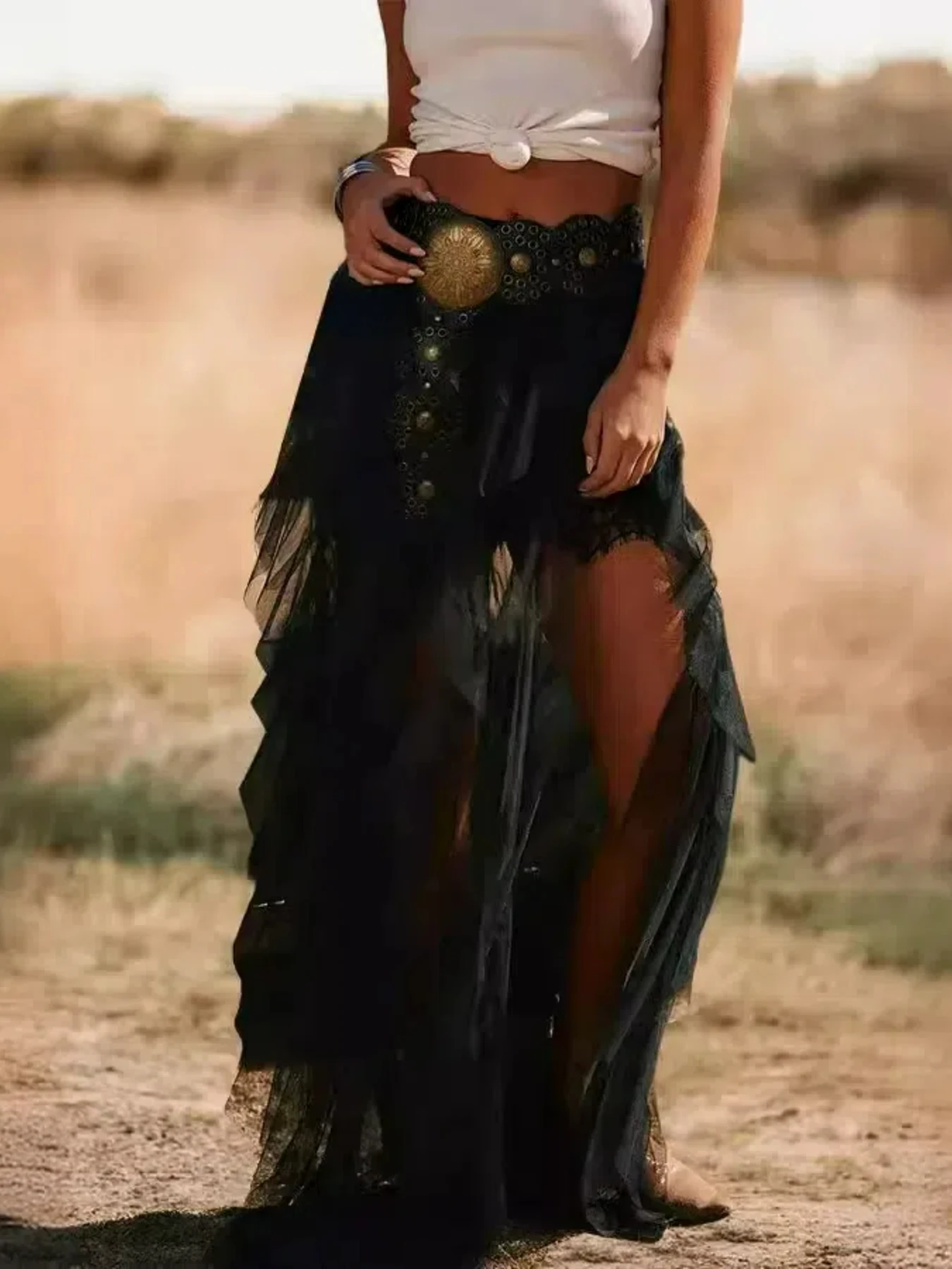 

Mikydely-Western rock black tulle maxi dress