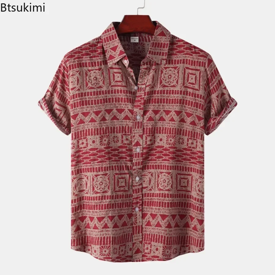 2025 Men's Ethnic Style Printed Shirts Summer Short Sleeve Casual Loose Tops Fashion Retro Daily Beach Holiday Shirt Male Blouse