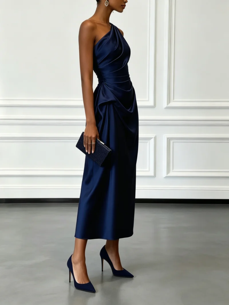 One Shoulder Asymmetrical Neck Satin Midi Dress All Over Side Ruched Draped Detail view 2