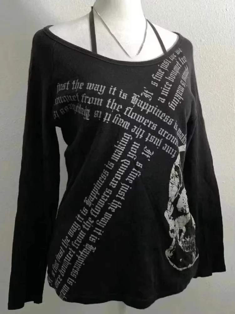 American Vintage Fake Two Pieces T-Shirt Women Streetwear Hip Hop Gothic Harajuku Grunge Y2k Crop Tops Black Skull Punk Tees