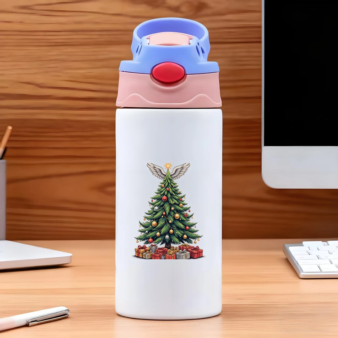 Tasse isolée en acier inoxydable 304, motif d'arbre de noël de dessin animé, tasse en paille pour enfants, tasse isolée, navette de cœur, cadeau de noël au choix