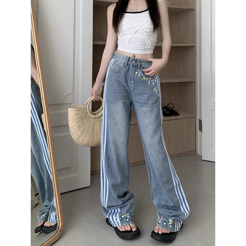 

Jeans Summer Long Wide Leg Pant Women Striped Patchwork Modis Casual Ladies Trousers Korea Style Loose Pleated Woman Pant 2000s