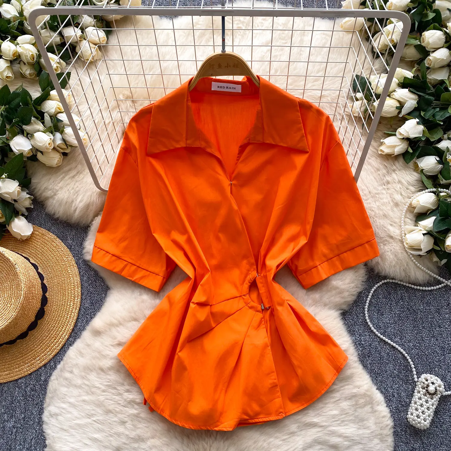 

Blouses Women Shirt Turn Down Collar Short Sleeve Tops Casual Tight Waist Solid Y2k Streetwear Elegant Splice Shirts 2026 Spring