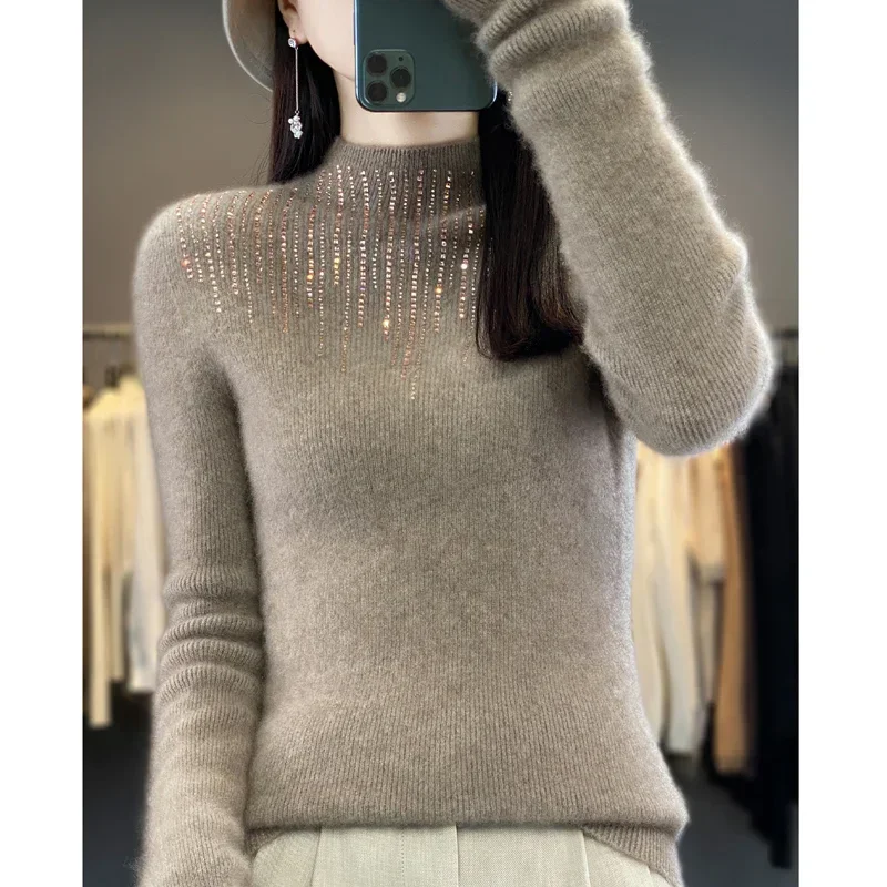 Autumn Winter Sweater Women Rhinestone New High Neck100% Pullover Women Slim Fit Solid Color Sweater Women\'s Long Sleeve Top