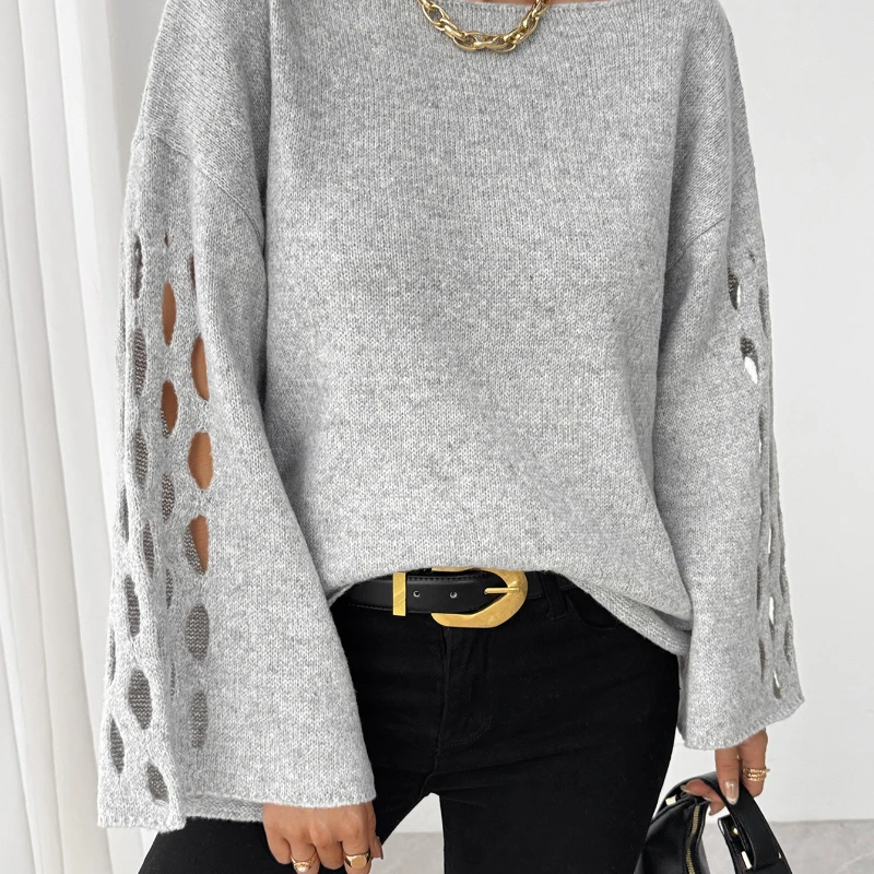 

Autumn 2025 Solid Color Round Neck Elegant Long Sleeve Openwork Sweater Women's Sweater