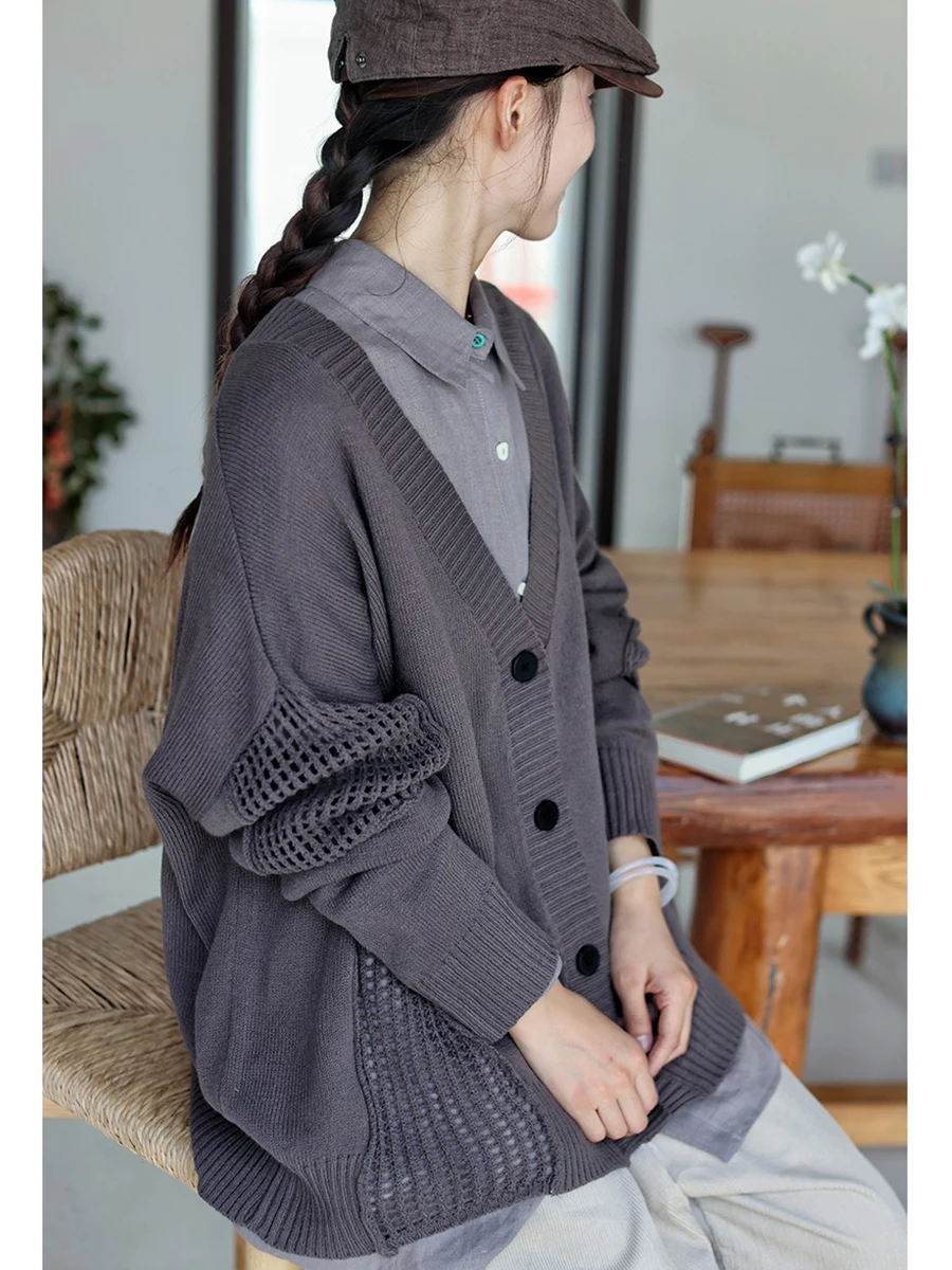 

Оригинальный женский свободный вязаный кардиган Moadai с V-образным вырезом, хлопковый, весенний, художественный, разноцветный, для повседневной носки, модный