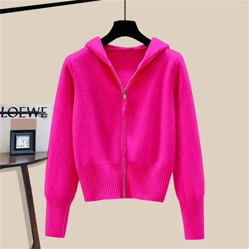 Women Autumn Winter Long Sleeved Double Zipper Soft Waxy Cardigan Sweater With Hat Design Feeling Top Female Hooded Sweater Coat