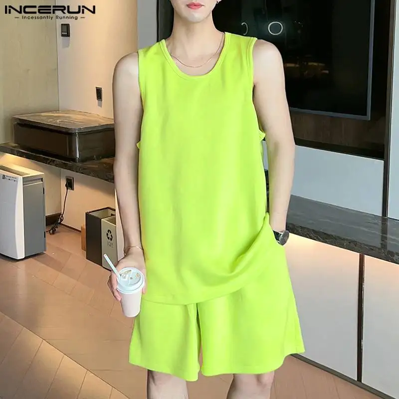 INCERUN 2024 Korean Style Sets Fashion New Men Sleeveless Tank Tops Shorts Male Casual Simple Solid Knitted Two Piece Sets S-5XL