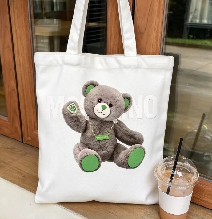 2026 new Canvas Tote Bag Plush Teddy Bear Print Large Capacity Shoulder Bag Women Casual Daily Shopping Handbag