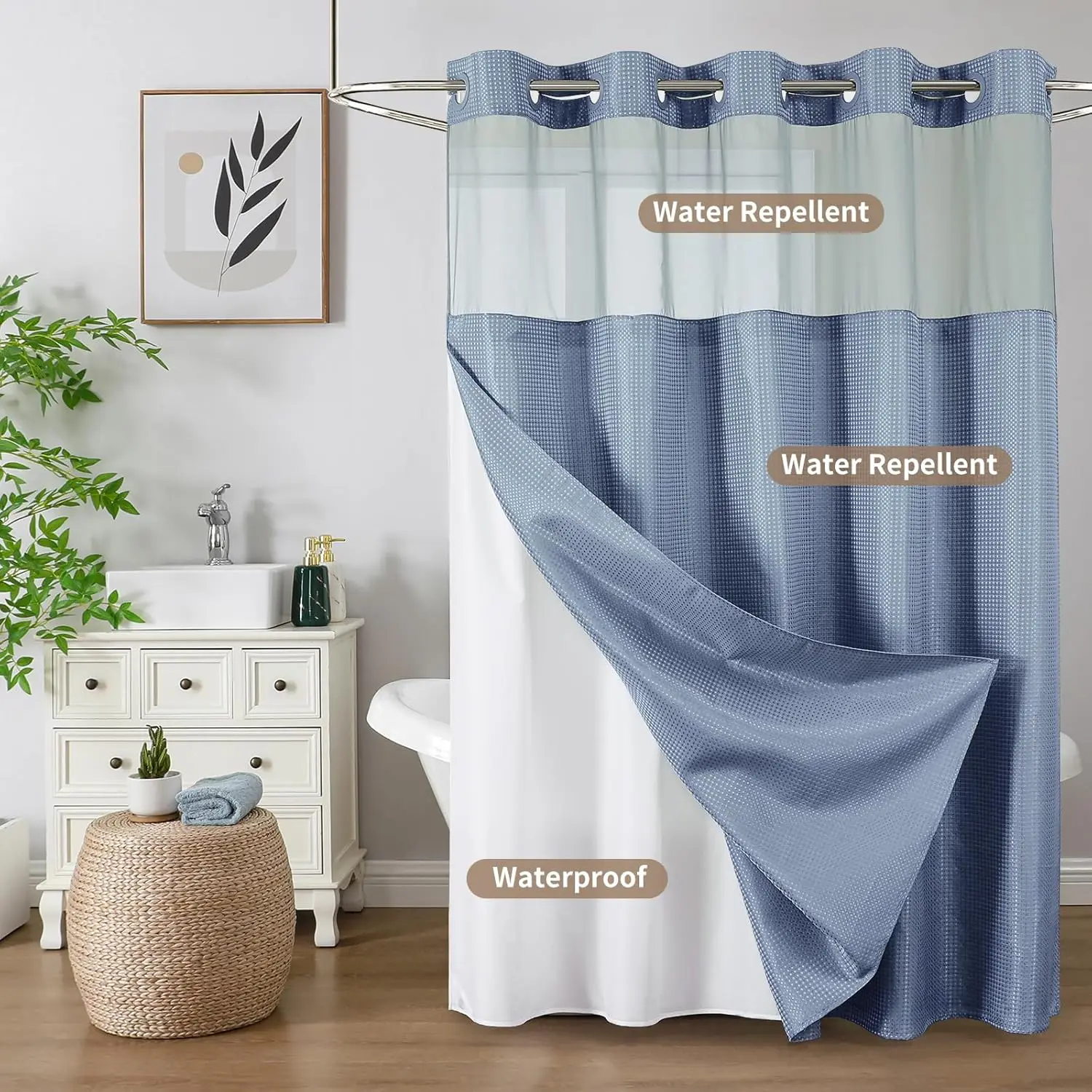 

Hookless Waffle Shower Curtain & Liner Set with Snap-In Installation - Double-Layer Bathroom Decor, Waffle Texture Design,