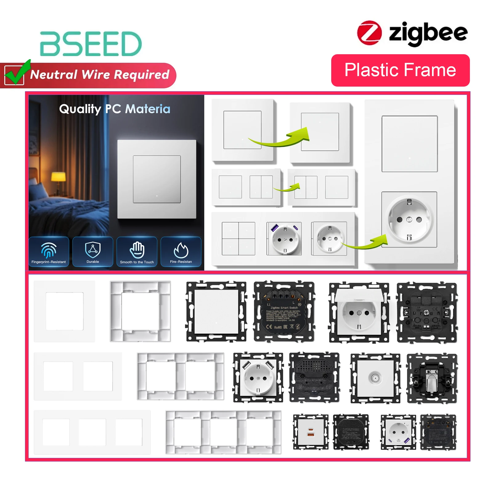 Bseed zigbee clique módulos de interruptor de luz inteligente parte quadro de plástico branco diy combinação soquetes de parede carga usb e-série