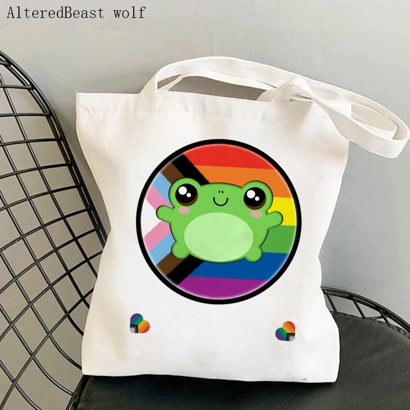 

Women Shopper bag Kawaii Froggy In LGBTQIA Pride Circle And Progressive Pride Bag Harajuku Canvas Shopper Bag girl handbag Bag