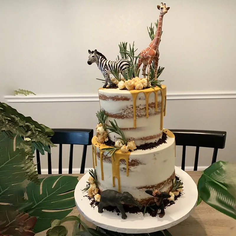 Jungle Animals Birthday Cake Decor Simulation Giraffe Zebra Panda Coconut Tree Cake Topper Safari Birthday Party Decoration Kids