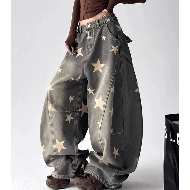 American Vintage Street Jeans Women Star Print Lazy Wide Leg Pants Casual Hiphop High Waist Jazz Denim Pants Harajuku Y2K Pants