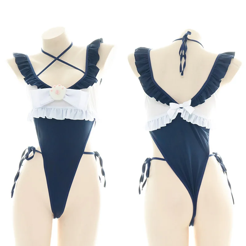 Traje de baño bonito de una pieza con borde con volantes para mujer, traje de baño con abertura alta, traje de baño de Cosplay de sirvienta de Anime, Bikinis estilo vendaje con diseño de garra de gato