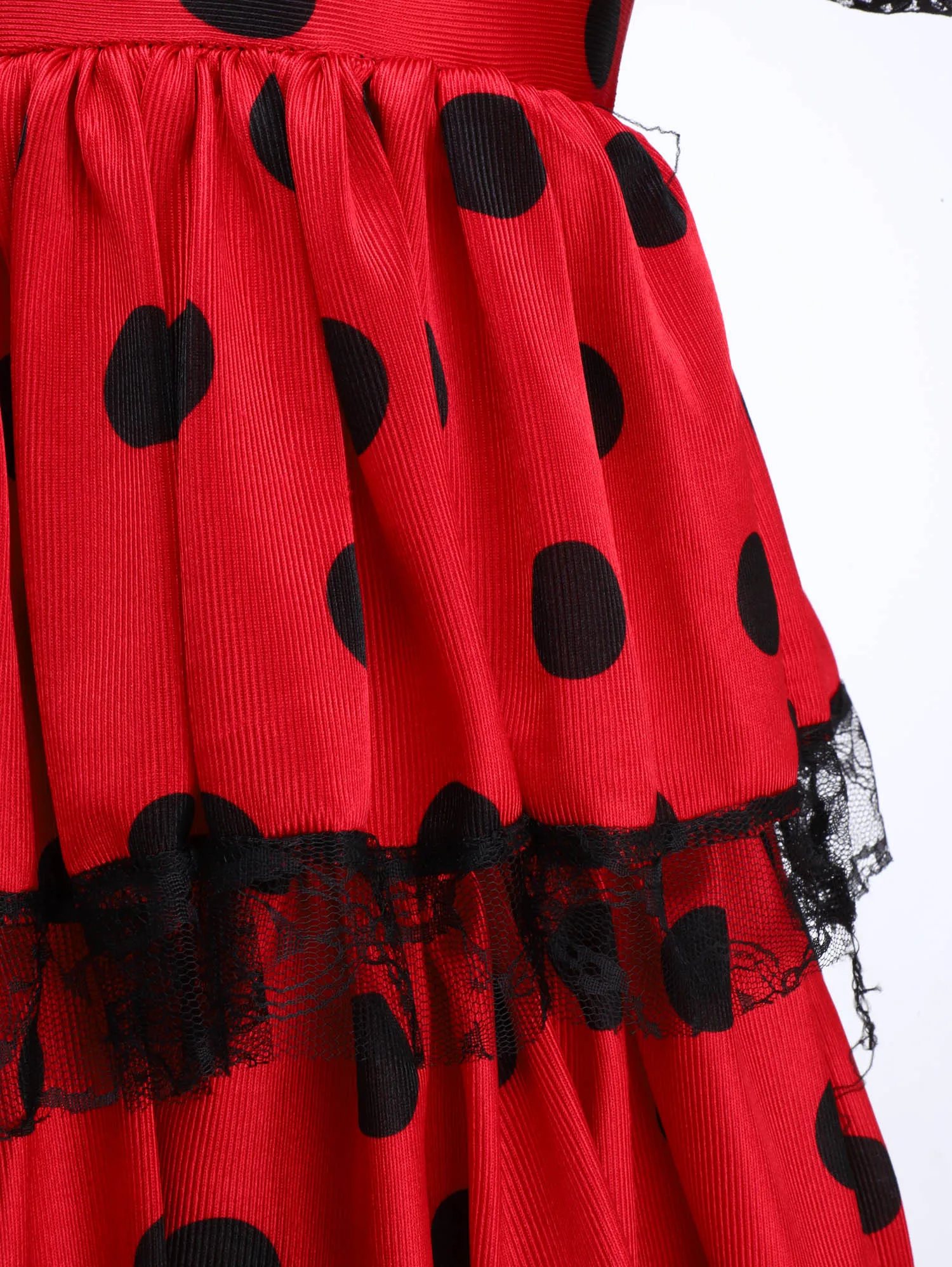Kids Girls Spanish Flamenco Dance Dress Flying Sleeves Polka Dot Lace Layered Ruffled Dresses+Matched Fan+Side Tie-Up Waist Belt