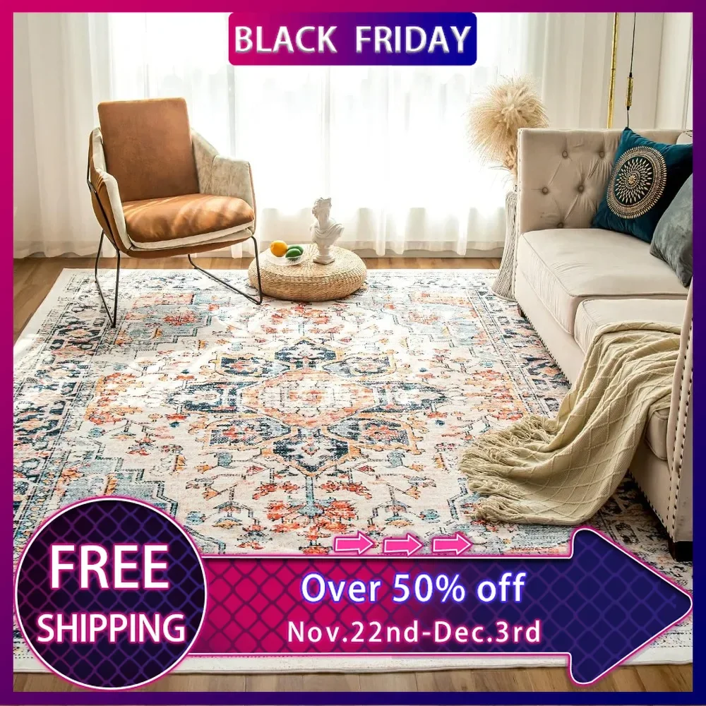 Rug 9'x12' Vintage Design Washable Area Rugs with Non Slip Rugs for Living Room Bedroom Woven Rug Carpet Stain Resistant