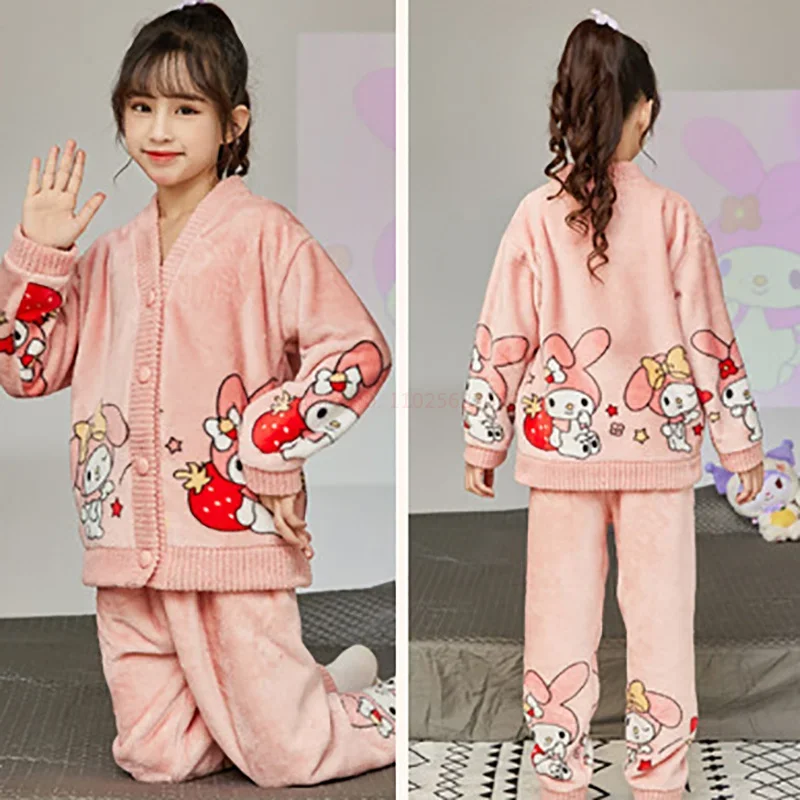 Kawaii Sanrio Kuromi Cinnamoroll Children Cardigan Pajamas Cute My Melody Winter Warm Coral Fleece Thicken Girl Home Pajamas Set