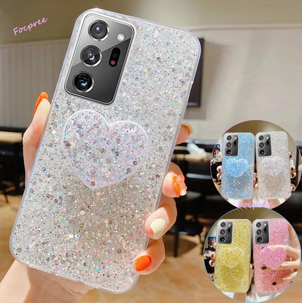 

Luxury Shiny Glitter Heart Love Phone holder Case For Samsung Galaxy S20FE S21 S22 Plus Ultra Note20 A13 A32 Soft Silicone Cover