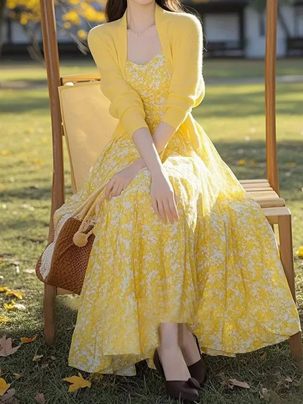 

Romantic Yellow Floral Print Two-Piece Set Women's Spring Season Long Sleeve Open Cardigan Dress Layering Fashion Sensation
