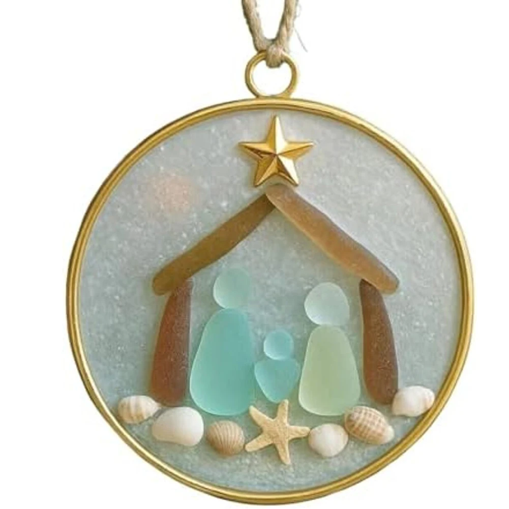 زخرفة أكريليك للعطلات تتميز برتقال يسوع مع تصميم الشاطئ الساحلي بما في ذلك زخارف البحر البلوري والنجمة الذهبية #6