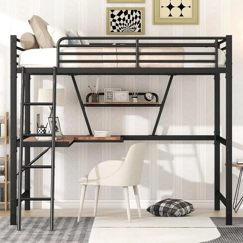 Full Size Metal Loft Bed Frame, Loft Bed With L Shaped Desk, Loft Bed With Ladder And Shelf For Kids, Black