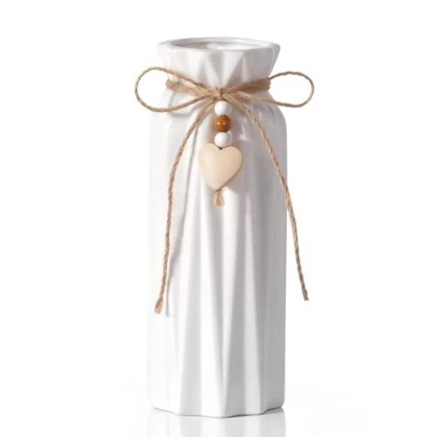 

Elegant 8 Inch Ceramic Vase with Geometric Pattern, Decorative Vase with Jute Rope and Heart Charm for Home Décor, Table Center