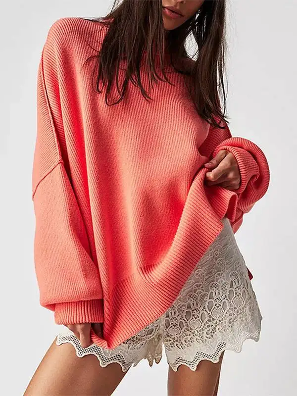 

Women's Oversized Slit Knit Sweater Casual Thi O-Ne Long Sve Cleanfit Sle Ultra Thin Fake Two-Piece Inner Wear