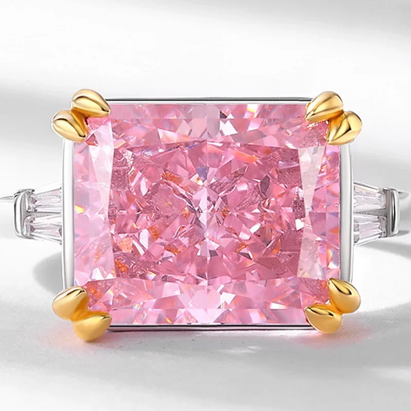 خاتم S925 مطلي بالفضة عيار 18 قيراط مرصع بالأحجار الكريمة الملونة PT950 خاتم سكر وردي من الألماس عالي الكربون البلاتيني