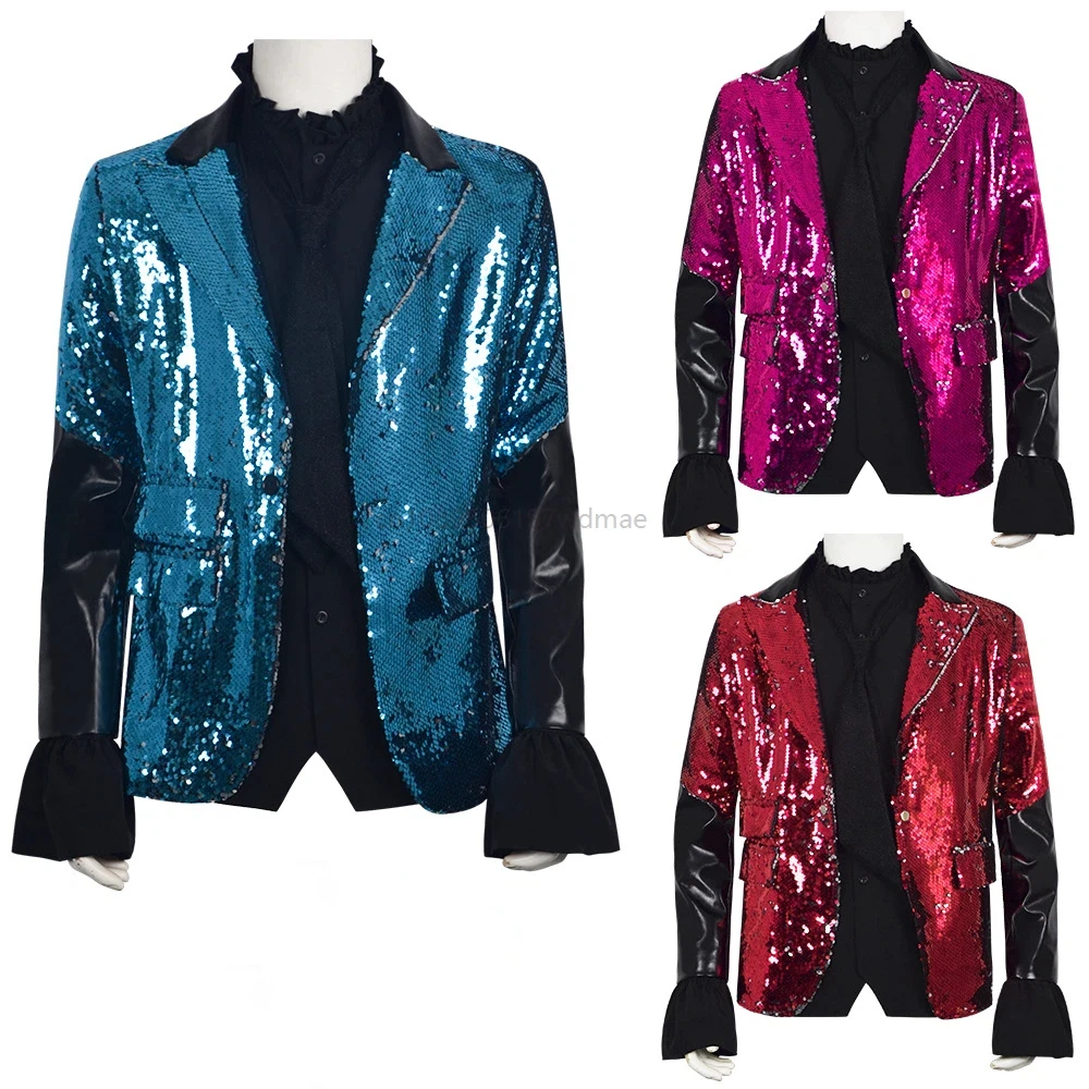 

3pcs Adult Concert Red Blue Coat Men Shiny Sequin Jacket Shirt Tie Suit Halloween Carnival Party Stage Show Costumes
