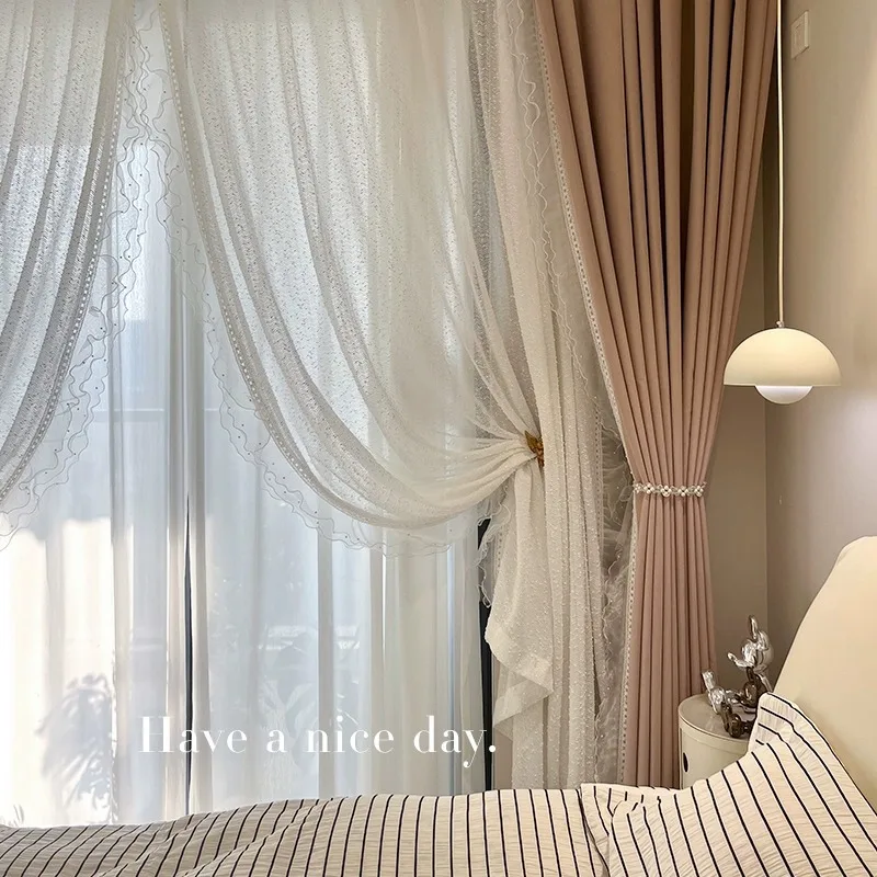 French Vintage Lace Dirty Pink Cream VelvetCurtains for Living dining room bedroom Blackout Chenier luxury White Tulle Elegant