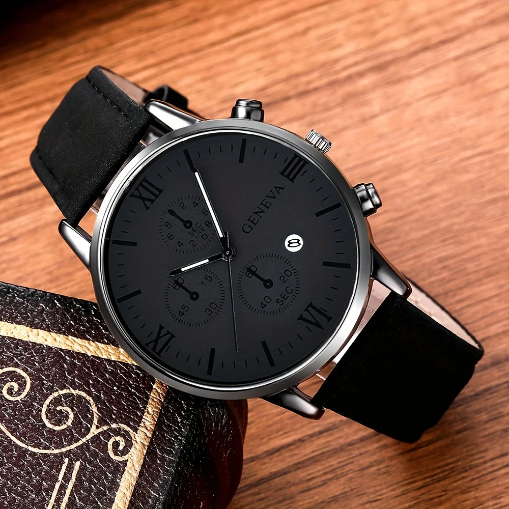 1pc Men\'s Black PU Strap Calendar Casual Quartz Watch