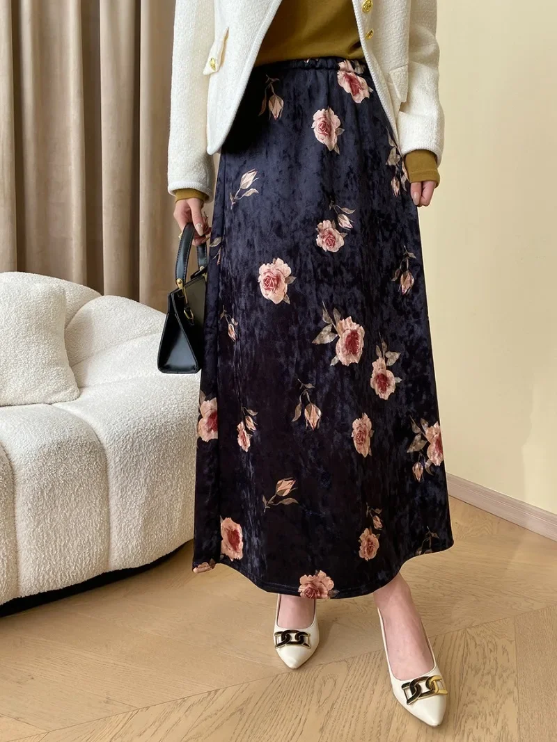 Vintage Floral Printed Velvet Skirts Women High Wasit A-line Slim Drape Midi Skirt 2024 Autumn Winter Korean Chic Elegant Faldas