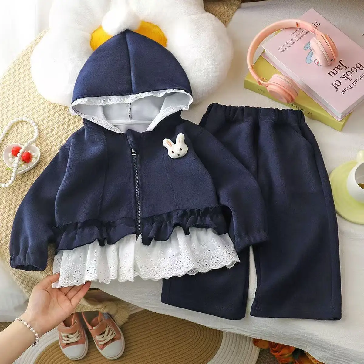 Girls Spring Autumn Set 2026 New Fashion Kids Lace Zipper Hooded Jacket + Pants 2 Piece Outfit Baby Clothing Sets