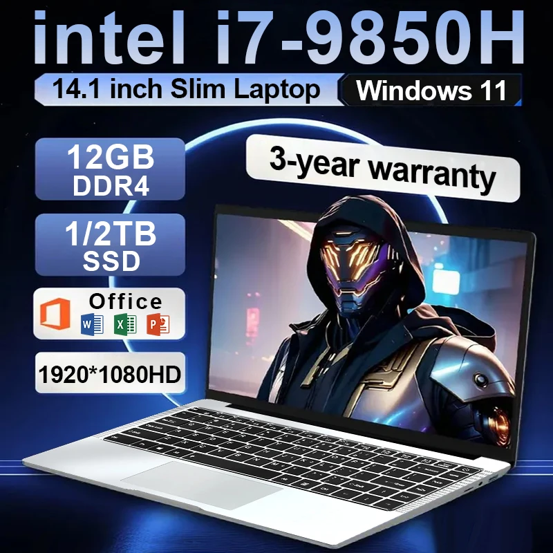 

14.1 inch Laptop Intel Core i7 9850H Windows 11 Gaming Laptops Computer 12GB DDR4 1TB 2TB SSD Portable Office Notebook PC Gamer