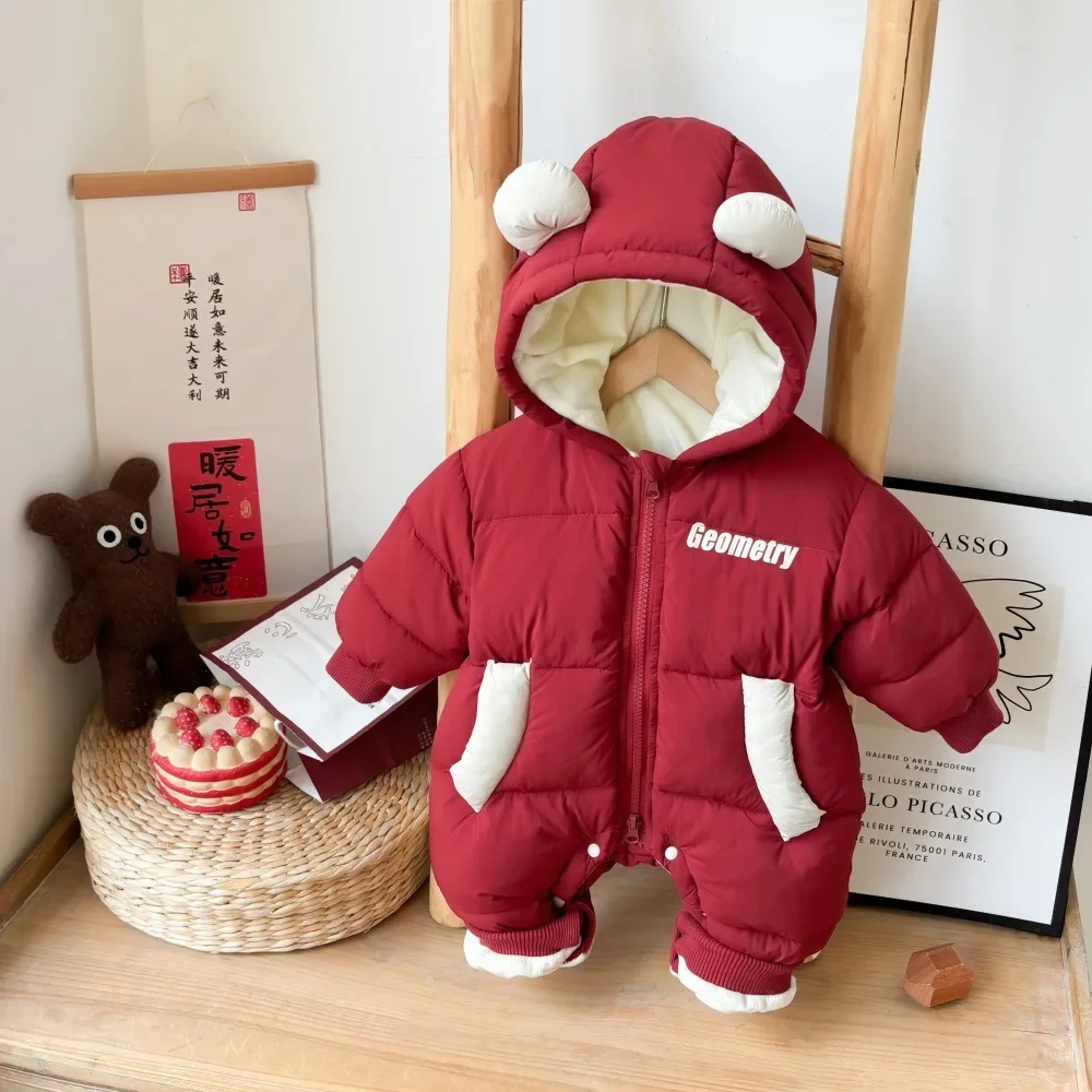 

2024 Winter New in Newborn Baby Boys Thicken Plush Quilted Outfits ,toddler Kids Letter Hooded Zipper Jumpsuits Infant Romper