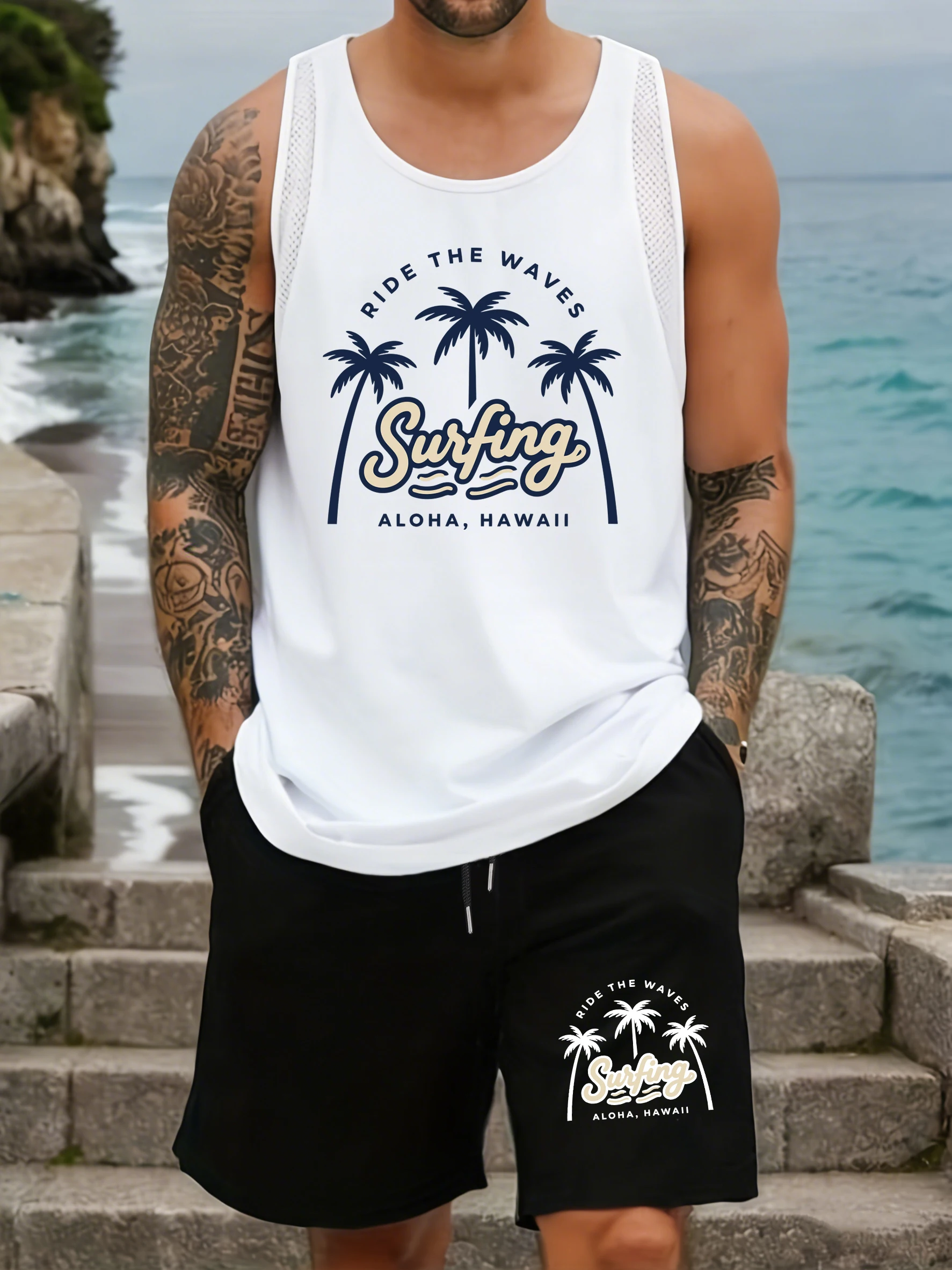 Ride The Waves Surfing Aloha Hawaii Print Men Mesh Vest Set Wide-Leg Shorts O-Neck Sleeveless Tank Tops Summer Drawstring Pant